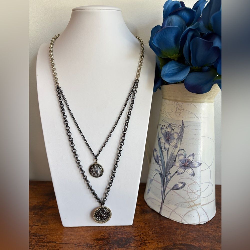 Chico's Double Strand Necklace Silver Tone Beads & Rhinestones